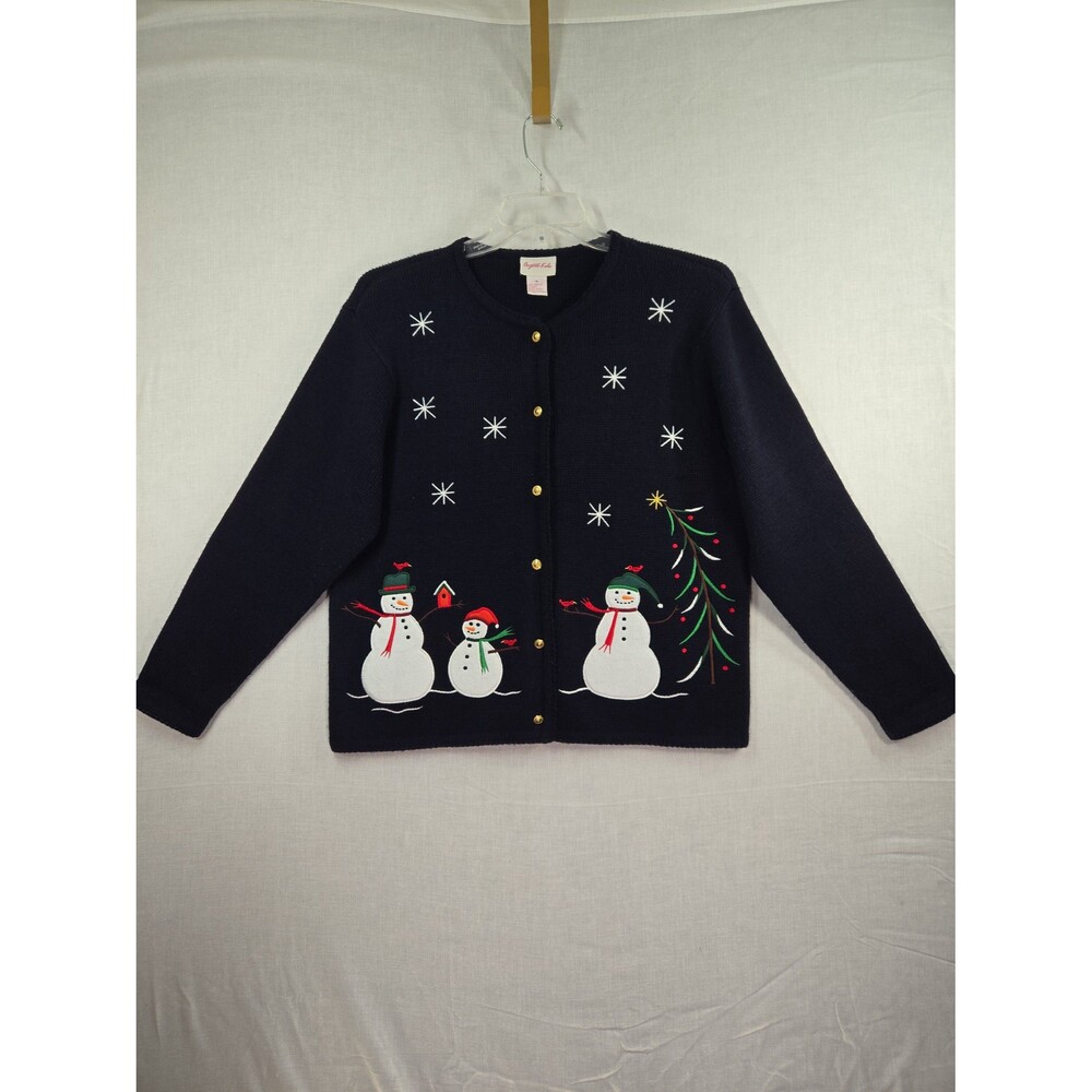 Vintage Crystal Kobe Christmas Snowman Cardigan Sweater Blue Button Up Medium